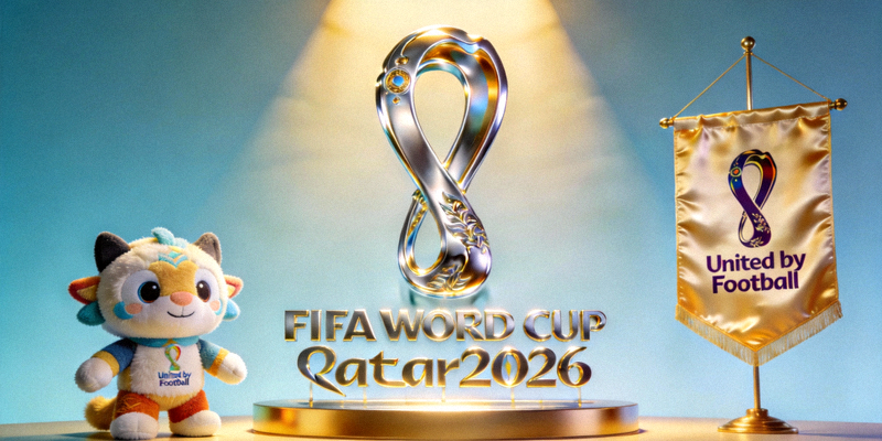 2026世界杯官方会徽、可爱的吉祥物玩偶以及印有口号的旗帜在发布会上展示