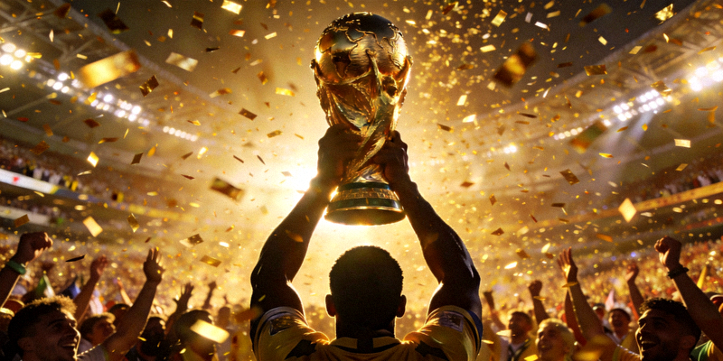 2026世界杯决赛中，冠军球队队长高举大力神杯，金色纸屑漫天飞舞的经典夺冠瞬间