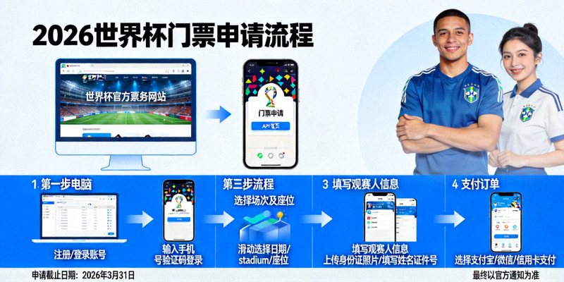 2026世界杯门票申请流程示意图，显示电脑和手机上的购票界面