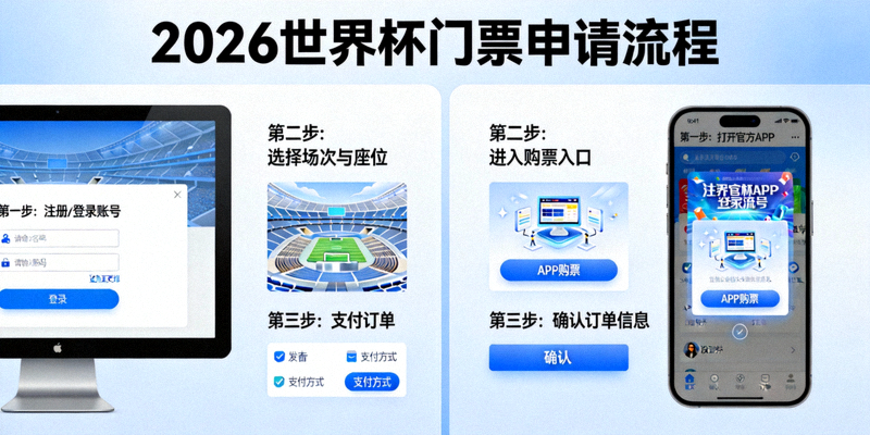 2026世界杯门票申请流程示意图，显示电脑和手机上的购票界面