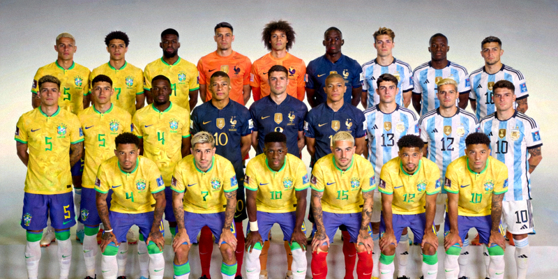 巴西、法国、阿根廷等夺冠热门球队的全家福合影，球员们精神饱满