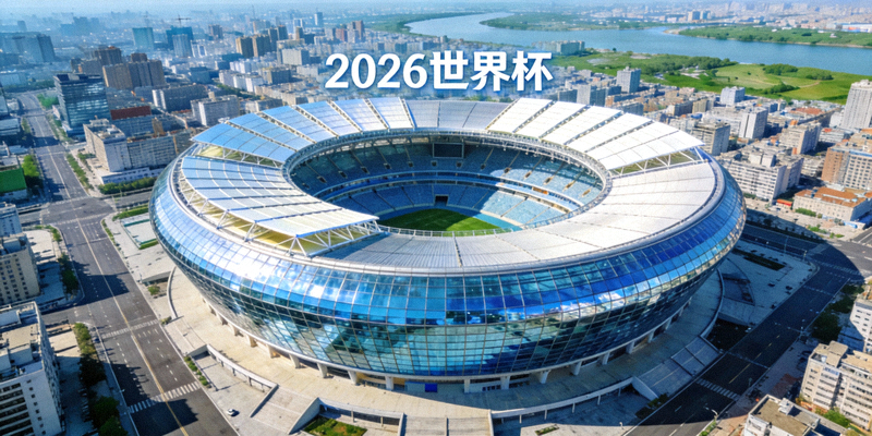 从空中俯瞰一座现代化的2026世界杯承办体育场，周围是城市景观
