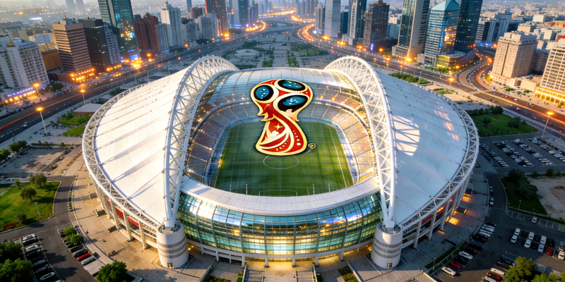 从空中俯瞰一座现代化的2026世界杯承办体育场，周围是城市景观