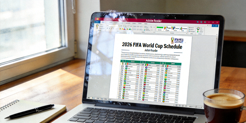 电脑屏幕上打开着国际足联官方发布的2026世界杯赛程PDF文件，显示详细的比赛列表