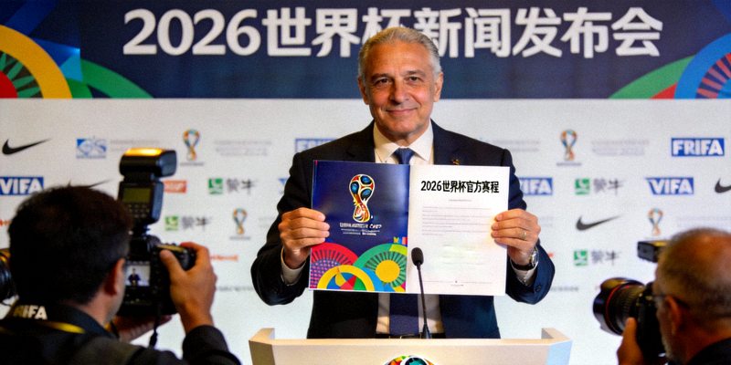 国际足联官员在新闻发布会上展示2026世界杯官方赛程文件