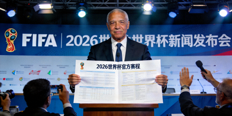 国际足联官员在新闻发布会上展示2026世界杯官方赛程文件