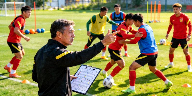 国家队在训练基地进行高强度备战训练，主教练在场边指导球员