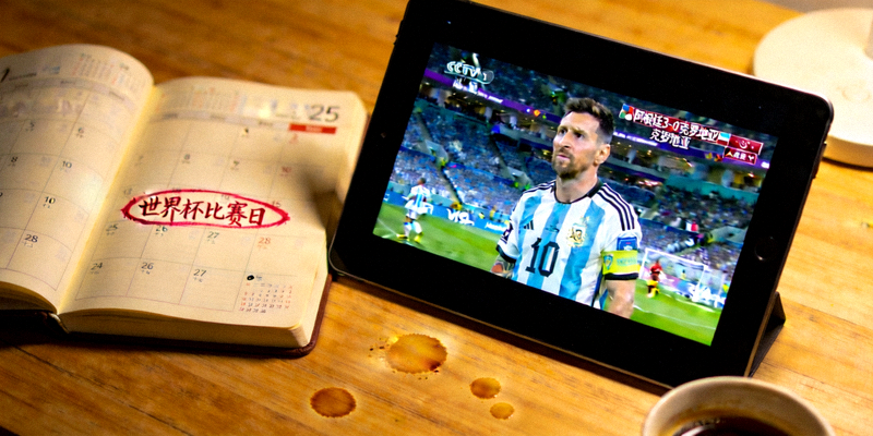 日历上标记着世界杯比赛日，旁边是显示赛果的平板电脑
