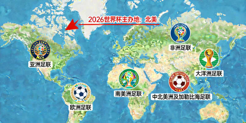 世界地图上标注着各洲足联的徽标，箭头指向2026世界杯主办地北美