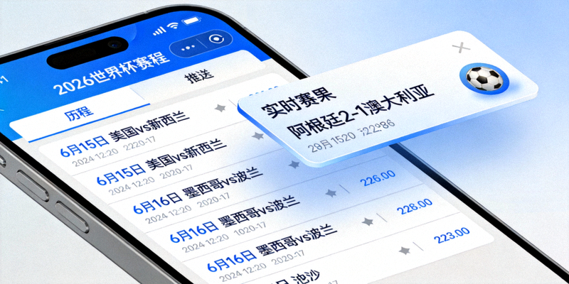 手机屏幕上显示着2026世界杯赛程查询界面和实时赛果推送通知
