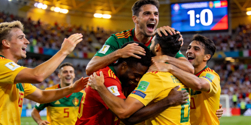 法国队球员在比赛中带球突破，对方防守球员奋力拦截