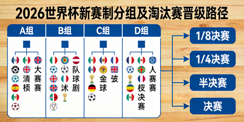 战术板上绘制着2026世界杯新赛制下的分组和淘汰赛晋级路径示意图