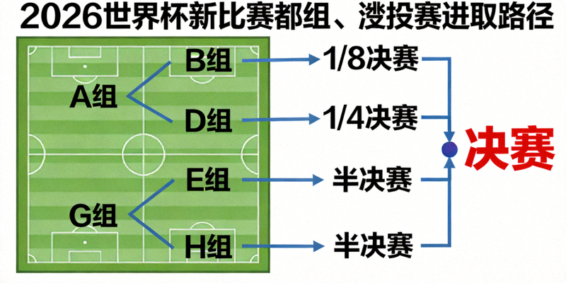 战术板上绘制着2026世界杯新赛制下的分组和淘汰赛晋级路径示意图