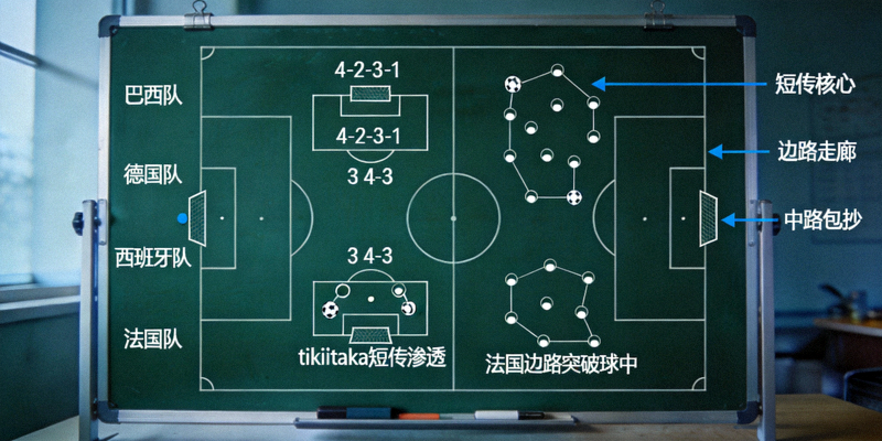 战术分析板上绘制着不同国家队标志性的阵型图和进攻套路示意图