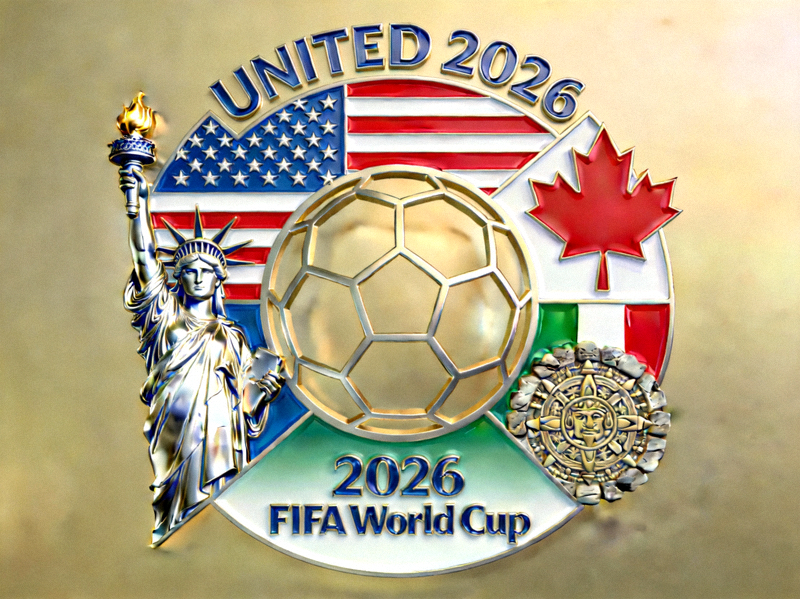 2026年国际足联世界杯官方会徽，图案融合了美加墨三国标志性元素与足球轮廓
