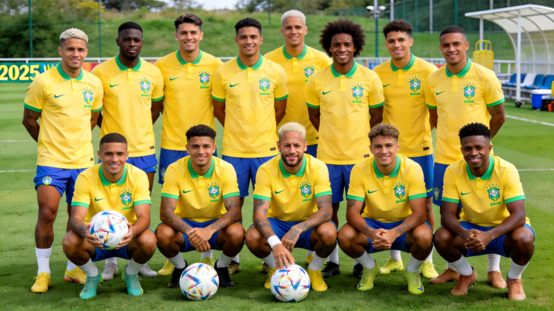 2026世界杯巴西国家男子足球队全家福，球员们身穿经典黄色球衣在训练场合影