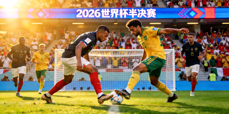 2026世界杯半决赛中，两支球队的明星球员在禁区前沿进行一对一对抗，争夺决赛入场券的关键时刻