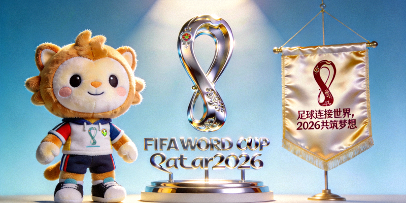 2026世界杯官方会徽、可爱的吉祥物玩偶以及印有口号的旗帜在发布会上展示
