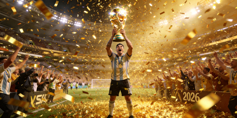 2026世界杯决赛终场哨响后，冠军球队的队长在漫天飞舞的金色彩带中，高高举起象征世界足坛最高荣誉的大力神杯