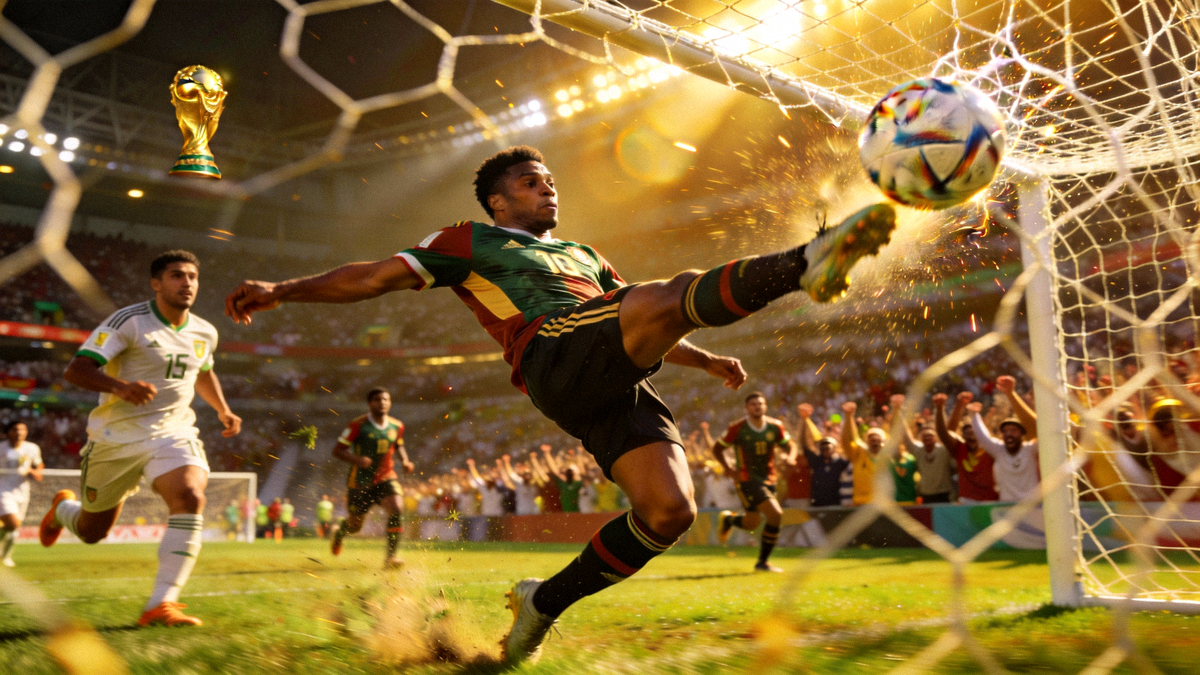 2026世界杯决赛加时赛中，【冠军国家】队球员踢出制胜任意球瞬间，皮球直挂球门死角