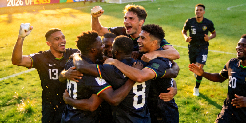 2026世界杯淘汰赛中，一支身穿深色球衣的黑马球队球员在爆冷战胜传统强队后，激动地拥抱在一起庆祝历史性胜利