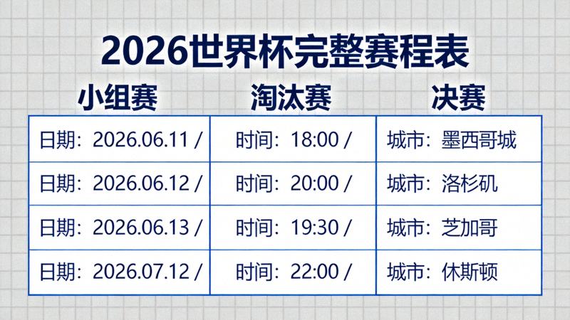 2026世界杯完整赛程表信息图，包含所有比赛日期、时间和城市