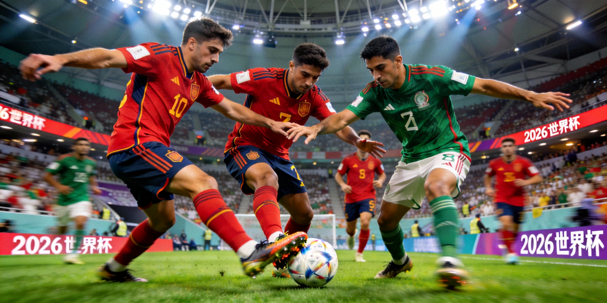 2026世界杯小组赛西班牙对阵葡萄牙，两队球员在中场进行激烈的身体对抗和球权争夺