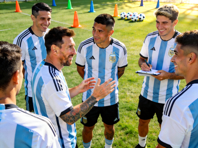 阿根廷队长梅西在训练中与劳塔罗、阿尔瓦雷斯等队友交流，气氛融洽