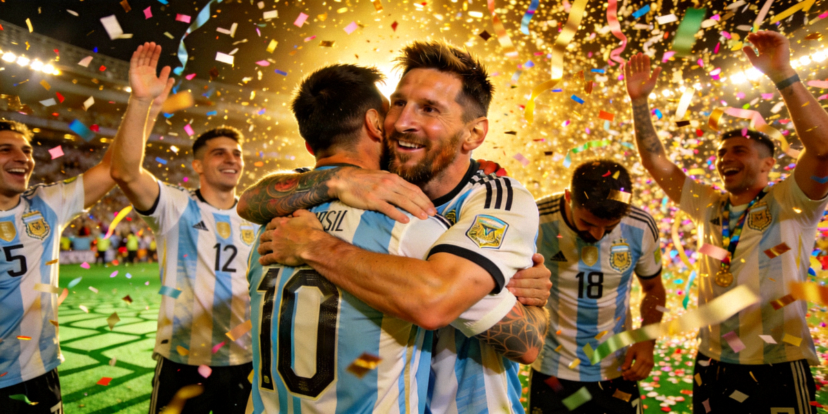 阿根廷队夺得2022世界杯冠军后庆祝，梅西与队友们相拥，背景是漫天彩带