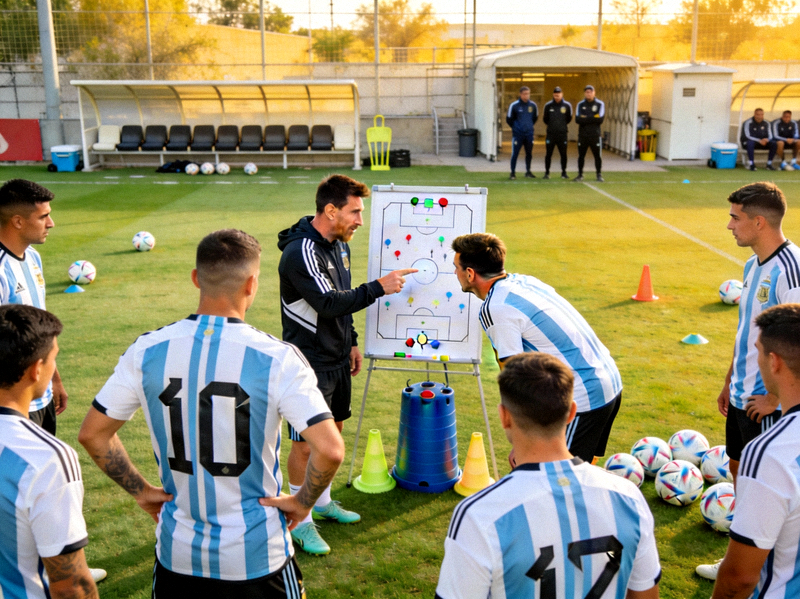 阿根廷国家队在训练场上进行战术演练，梅西与年轻球员交流