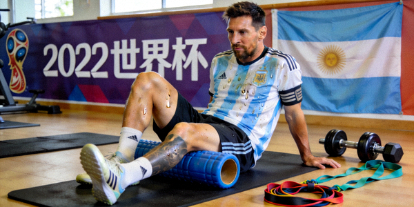 阿根廷球星梅西在健身房进行恢复性训练，为世界杯做准备
