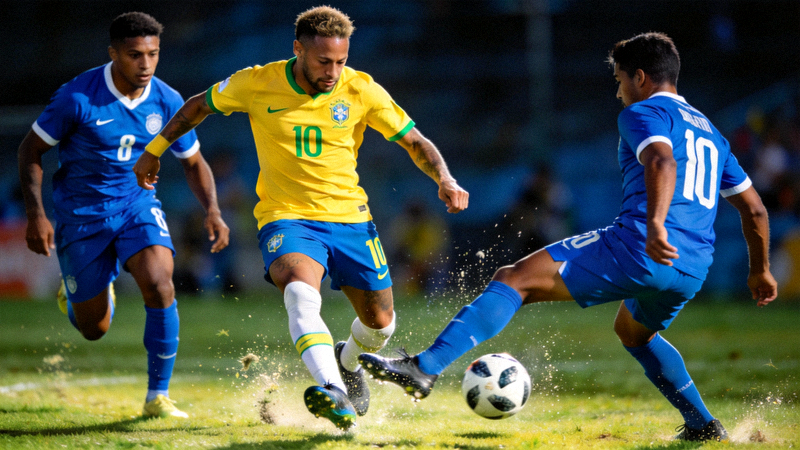 巴西队前锋在对方禁区前沿利用华丽的个人盘带技术连续过人后起脚射门的精彩瞬间