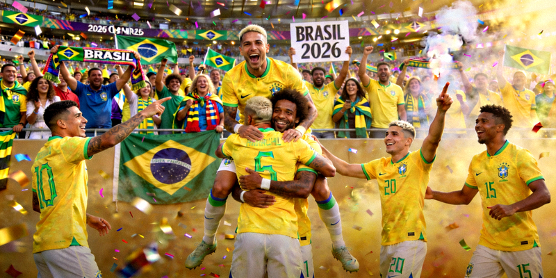 巴西队球员在2026世界杯小组赛中庆祝进球的精彩瞬间，背景是欢呼的球迷