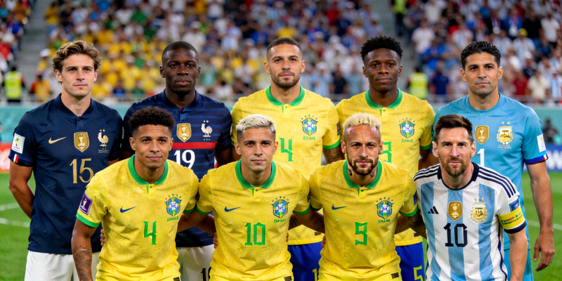 巴西、法国、阿根廷等夺冠热门球队的全家福合影，球员们精神饱满