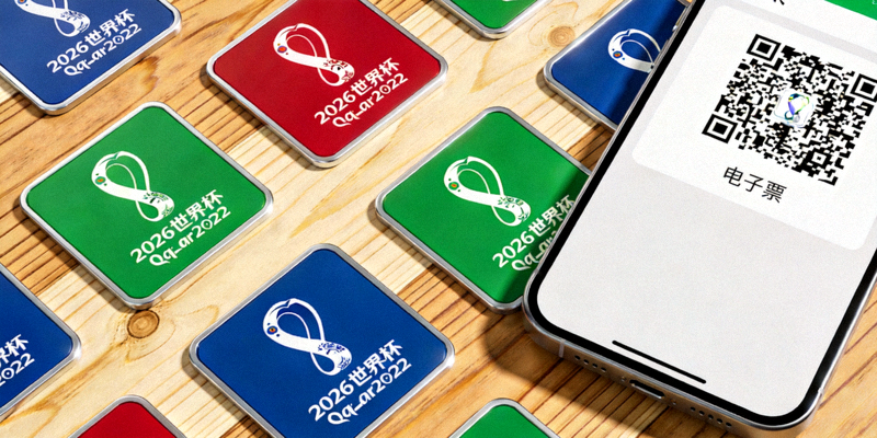 不同颜色的2026世界杯实体门票样本在桌面上排列展示，旁边是手机上的电子票二维码