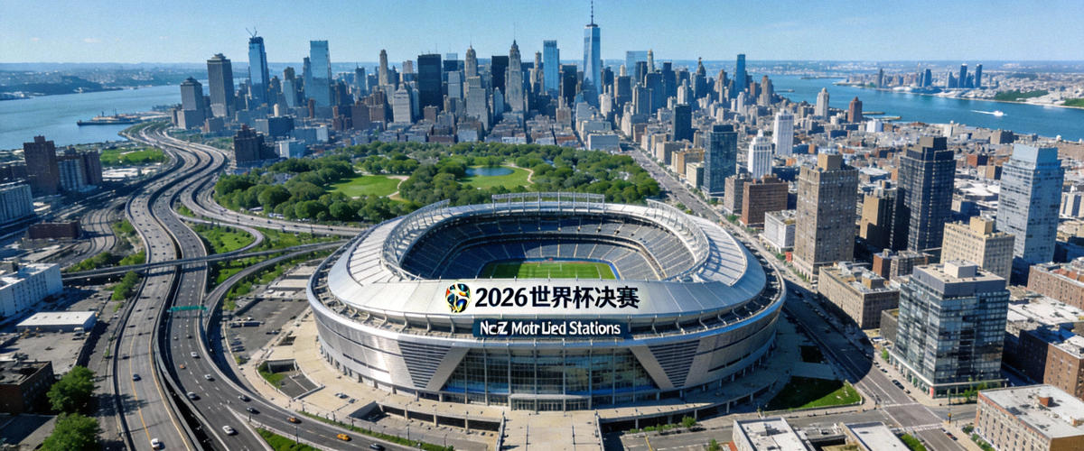 从空中俯瞰举办2026世界杯决赛的纽约新泽西大都会人寿体育场及其周边城市景观