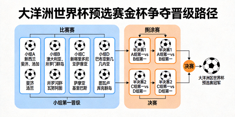 大洋洲区域世界杯预选赛金杯争夺，显示小组赛和淘汰赛的冠军晋级路径