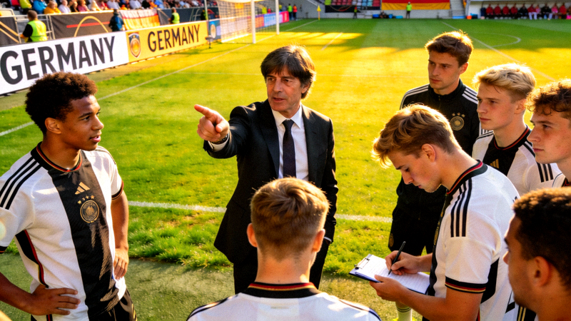 德国队新任主教练在场边指导穆西亚拉、维尔茨等新一代球员