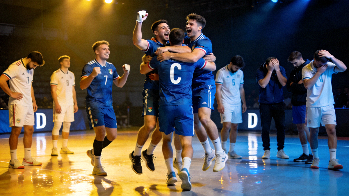 第二场半决赛结束后，C队球员们相拥庆祝晋级决赛，背景是失望的D队球员