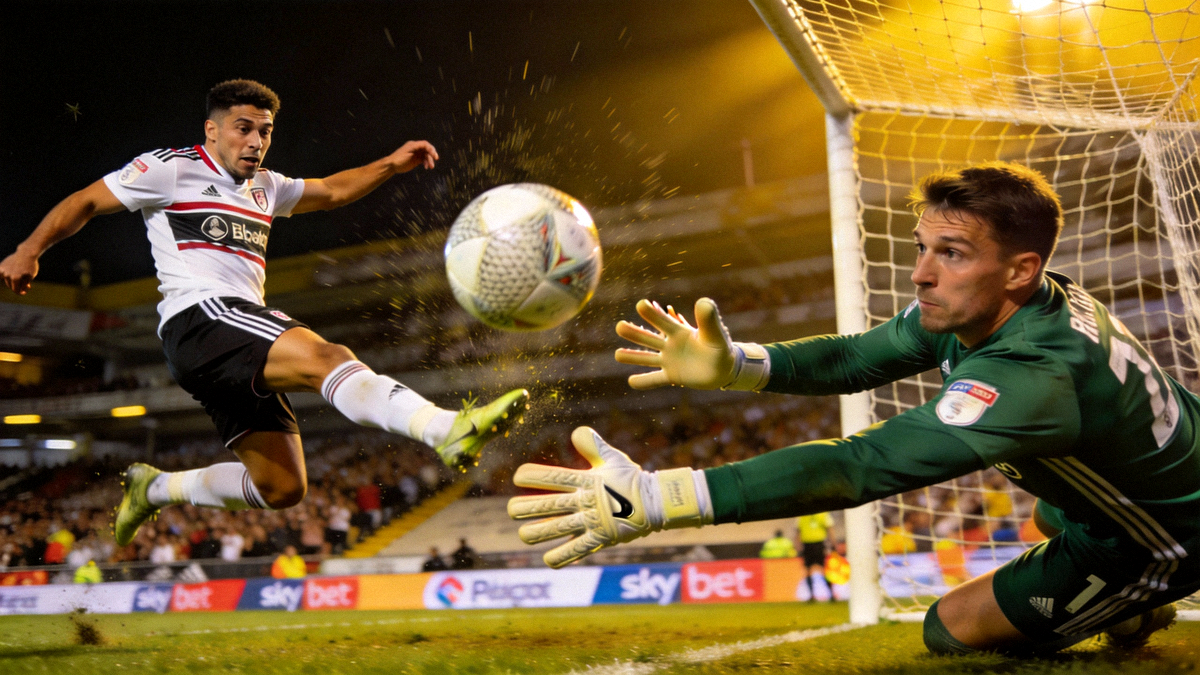 第一场半决赛加时赛中，A队前锋在禁区内凌空抽射打入制胜球的瞬间，B队门将奋力扑救未果