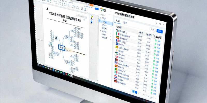 电脑屏幕上打开着国际足联官方发布的2026世界杯赛程PDF文件，旁边是归档的赛果数据库界面