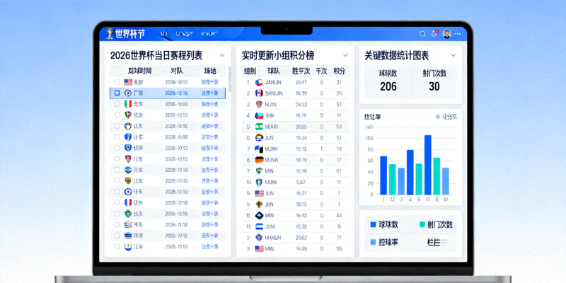 电脑屏幕上同时显示着2026世界杯当日赛程列表、实时更新的小组积分榜以及关键数据统计图表