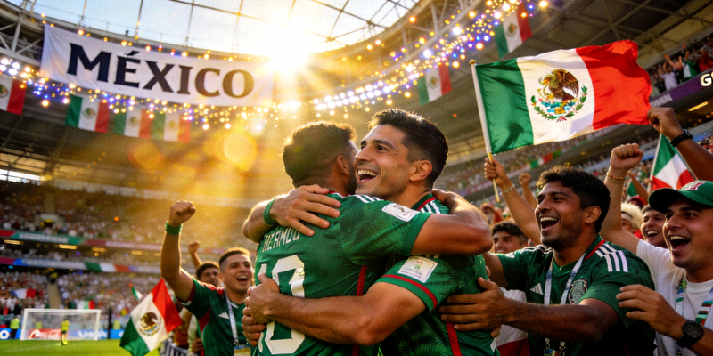 东道主墨西哥队球员在2026世界杯G组比赛中进球后与主场球迷热烈庆祝的场面