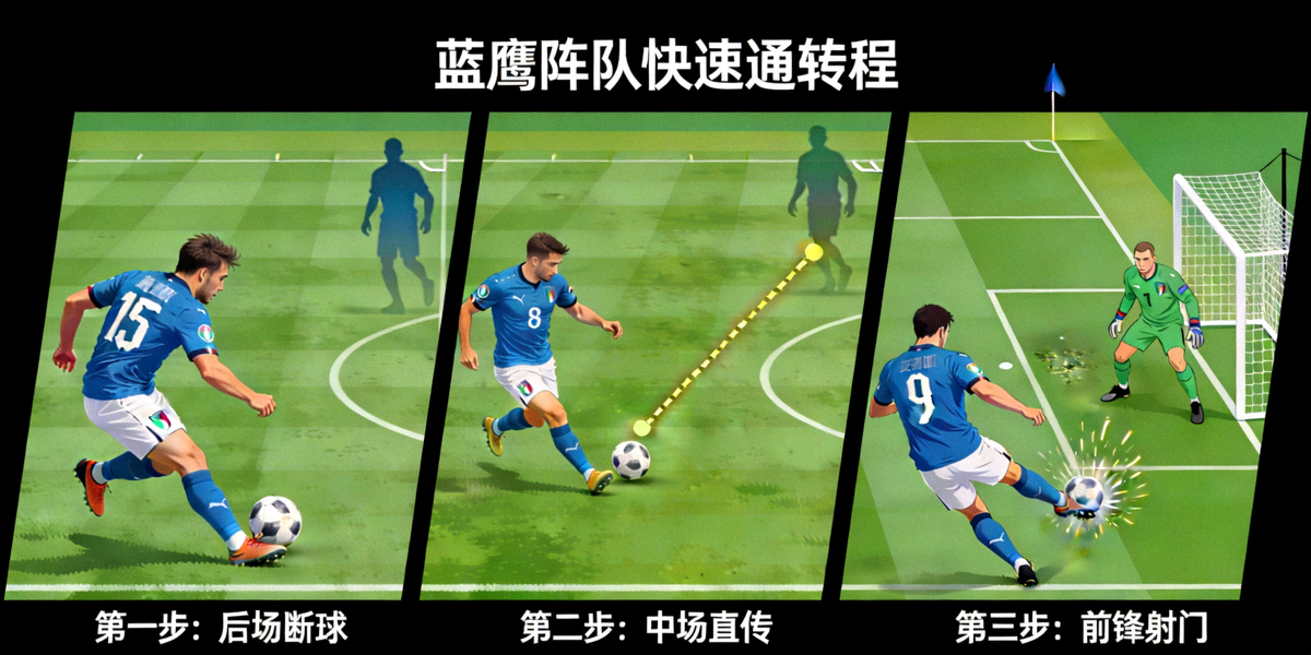 动态战术示意图展示蓝鹰军团从后场断球到完成进球仅经过三次传递的经典快速反击全过程