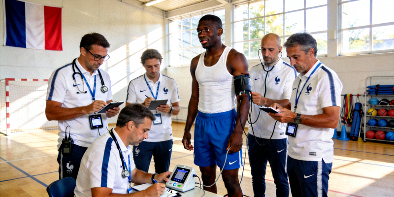 法国国家队队医组正在为球员进行体能测试和医疗检查