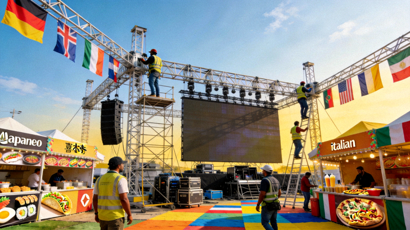 工作人员在搭建巨大的户外球迷广场，设置舞台、大屏幕和各国美食摊位