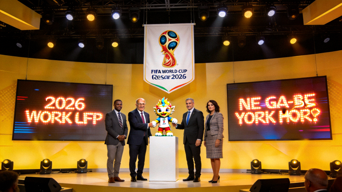 国际足联主席与美加墨三国足协代表在纽约发布会现场共同揭晓2026世界杯会徽、吉祥物与口号