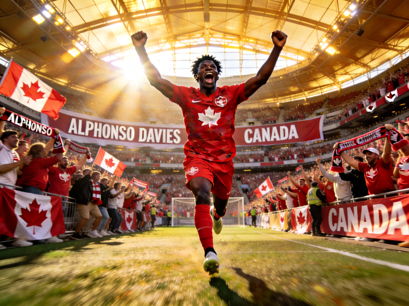 加拿大国家队球员阿方索·戴维斯在主场球迷面前庆祝进球，作为东道主之一备受期待