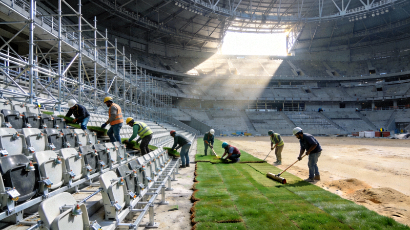 建设中的2026世界杯体育场内部，工人们正在进行座椅安装和草坪铺设