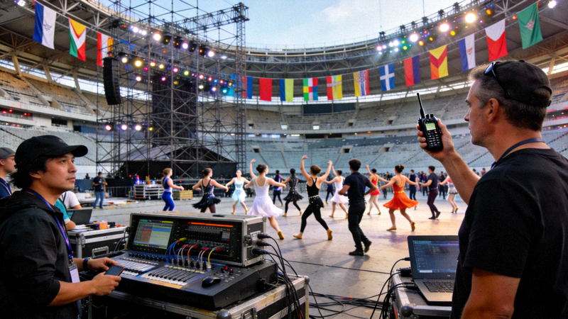 开幕式彩排现场，舞者、技术人员和导演在庞大的体育场内进行协调